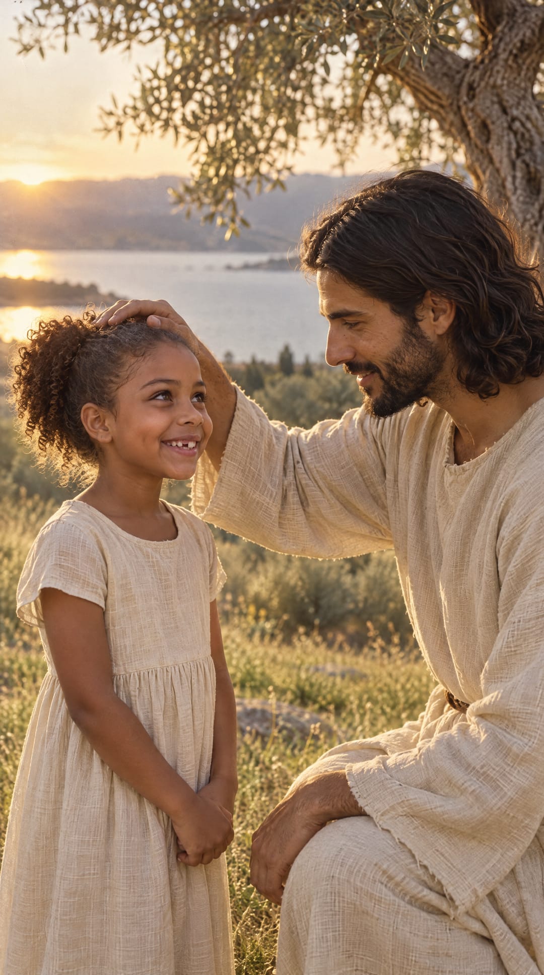 Jesus kneels beside a smiling girl on the hillside at sunset and rests his hand on her head in blessing.