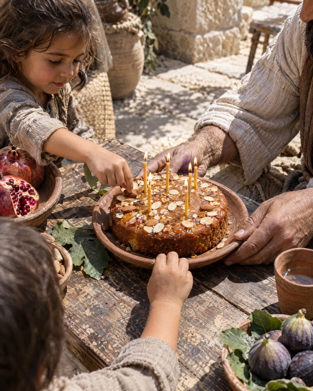 Children's hands reach for a honey-and-almond cake with lit candles on a sunny courtyard table while a man's hand steadies the plate.