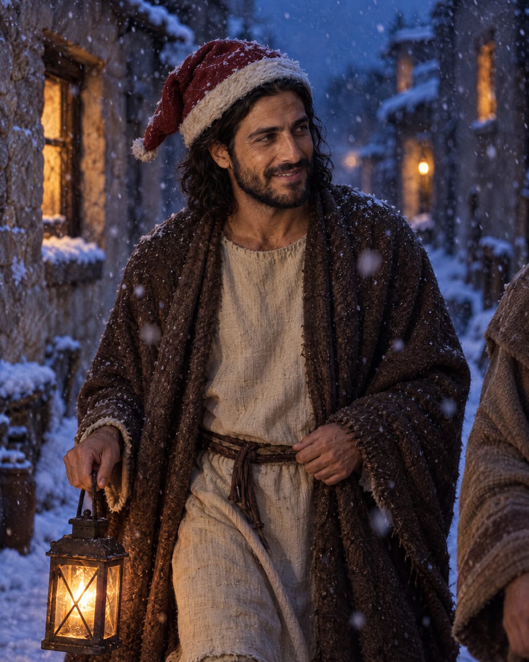 Jesus, in a worn Santa hat and a snowy wool cloak, walks down a village lane at dusk with a lantern, laughing with someone beside him.