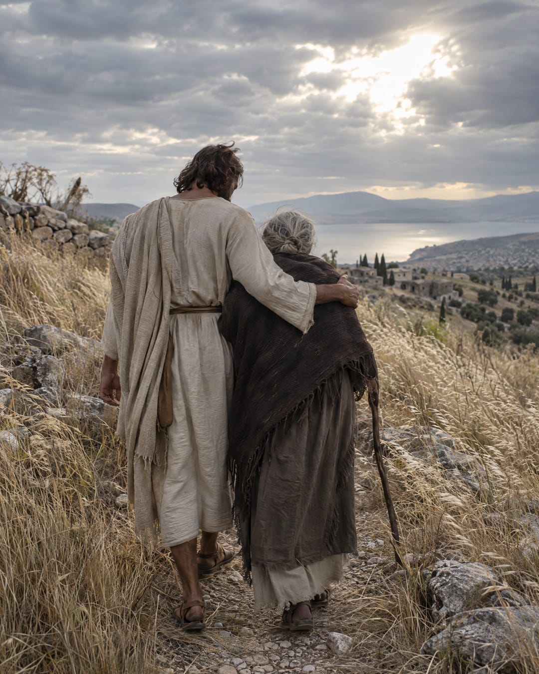 Seen from behind, Jesus walks with his arm around an old woman along a hillside path under a silver sky.