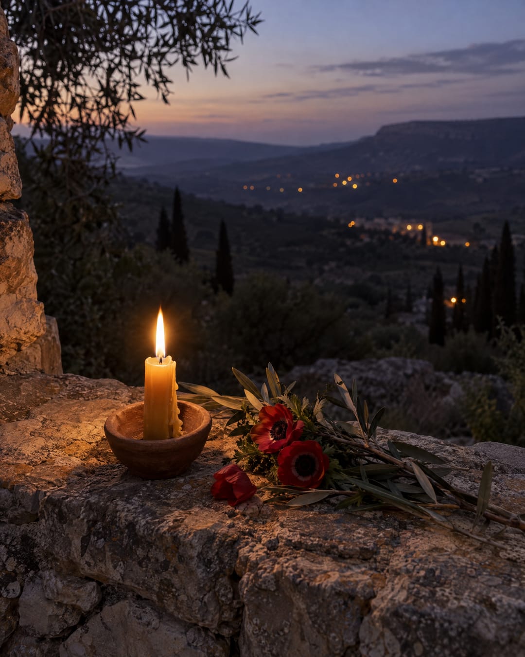 A candle burns beside red anemones and olive twigs on a stone wall at dusk, a valley of distant lights below.