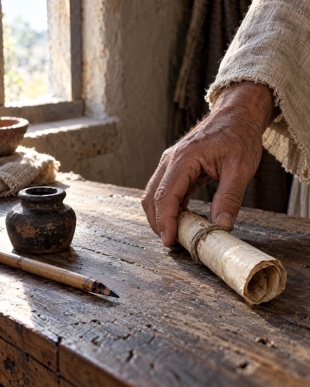 A weathered hand sets a small rolled letter tied with twine on a wooden table by the window, beside a clay ink pot and a reed pen.