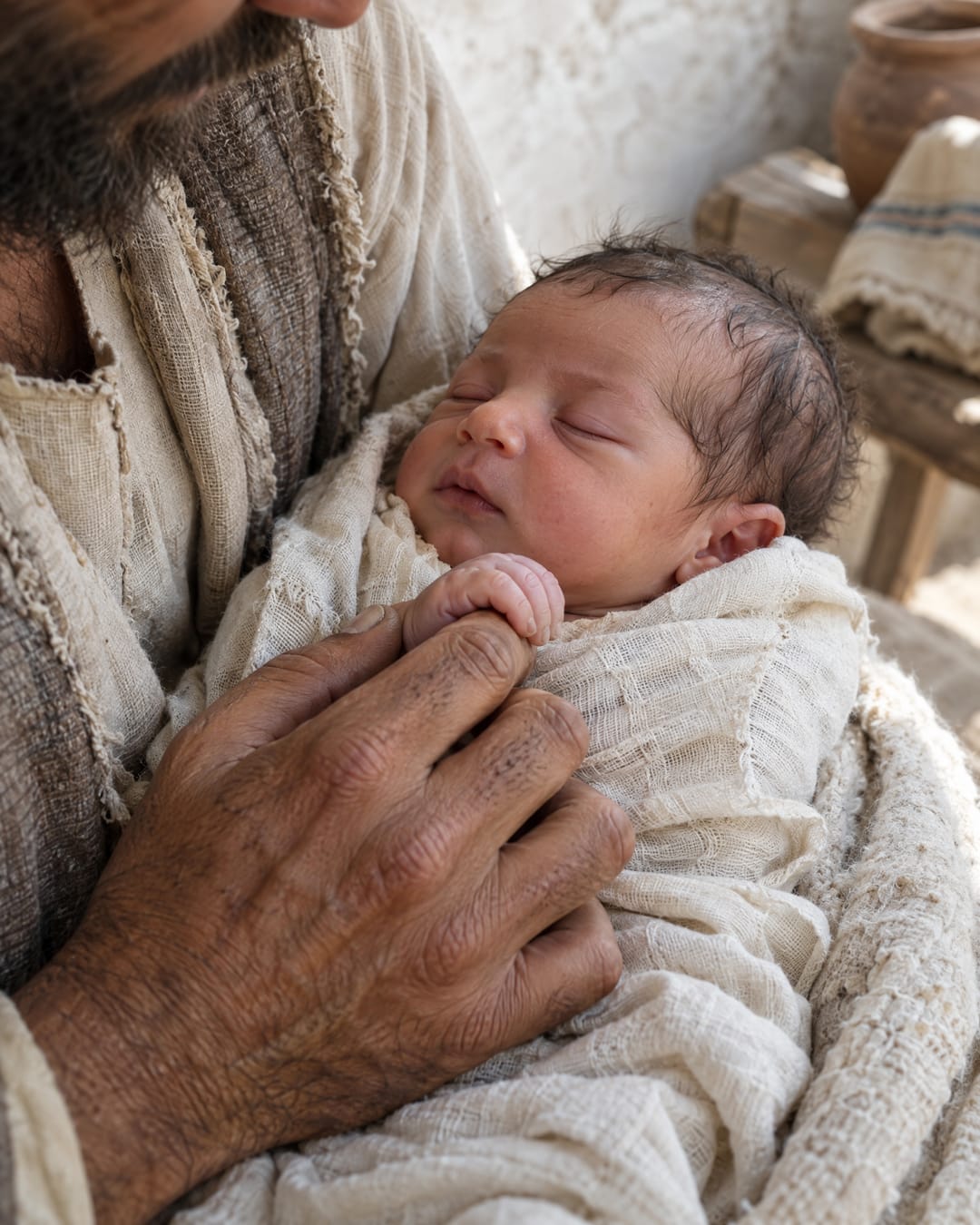 A newborn sleeps wrapped in white linen, held in a man's large hands, the baby's tiny fingers curled around his.