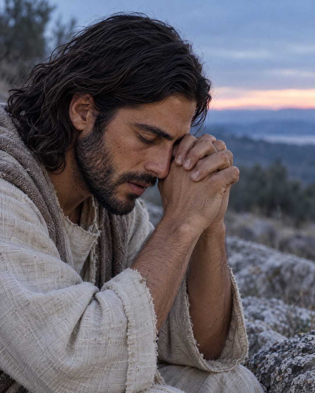 Jesus prays alone on a rocky hillside before dawn, eyes closed and forehead resting on his clasped hands.