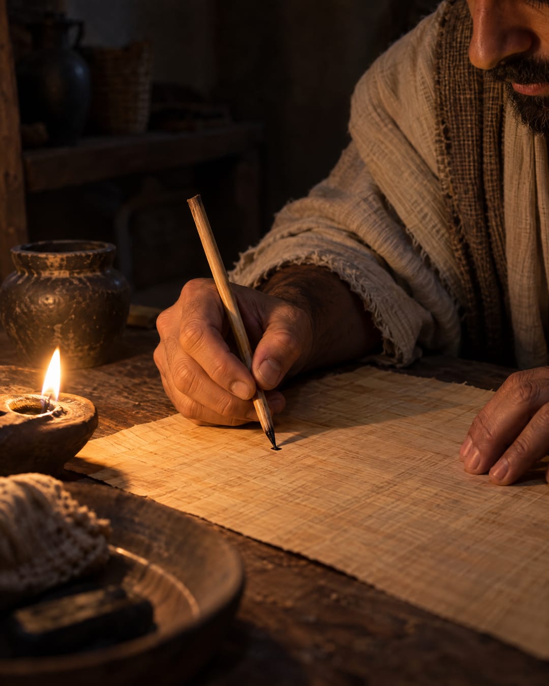 By the light of a small oil lamp, a hand holding a reed pen begins to write on a blank sheet of papyrus.