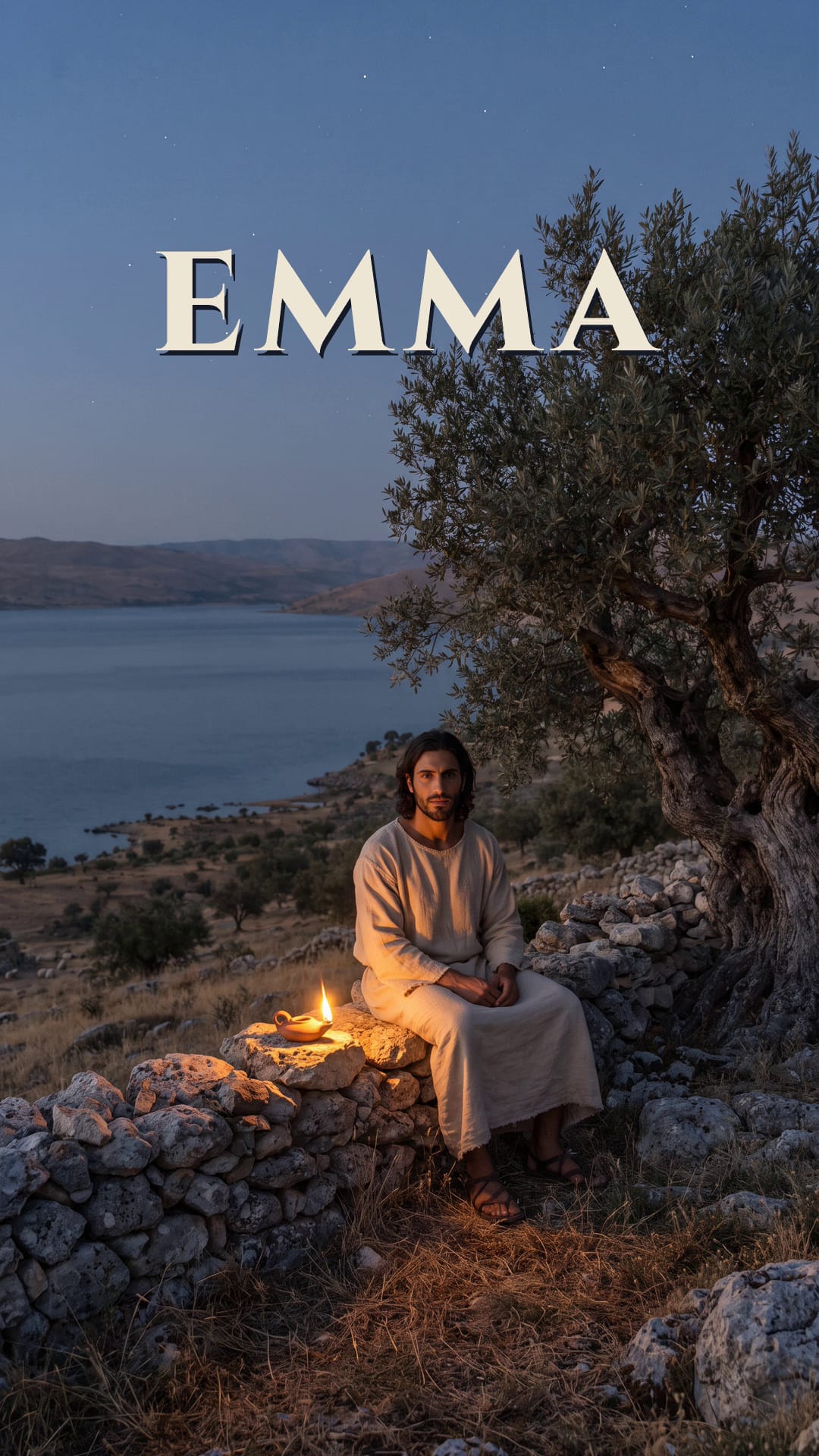 The name Emma in gold letters above the hillside at dusk.