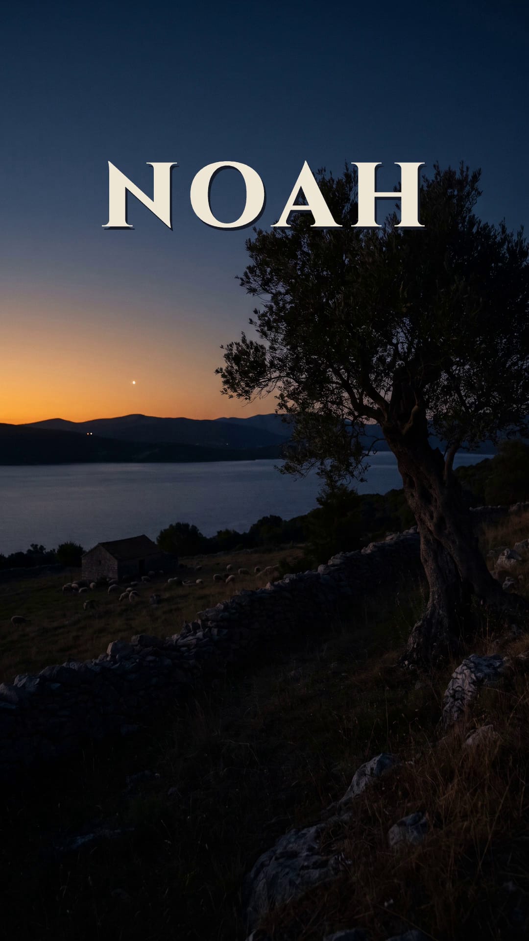 The name Noah in gold letters above the hills under one bright star.