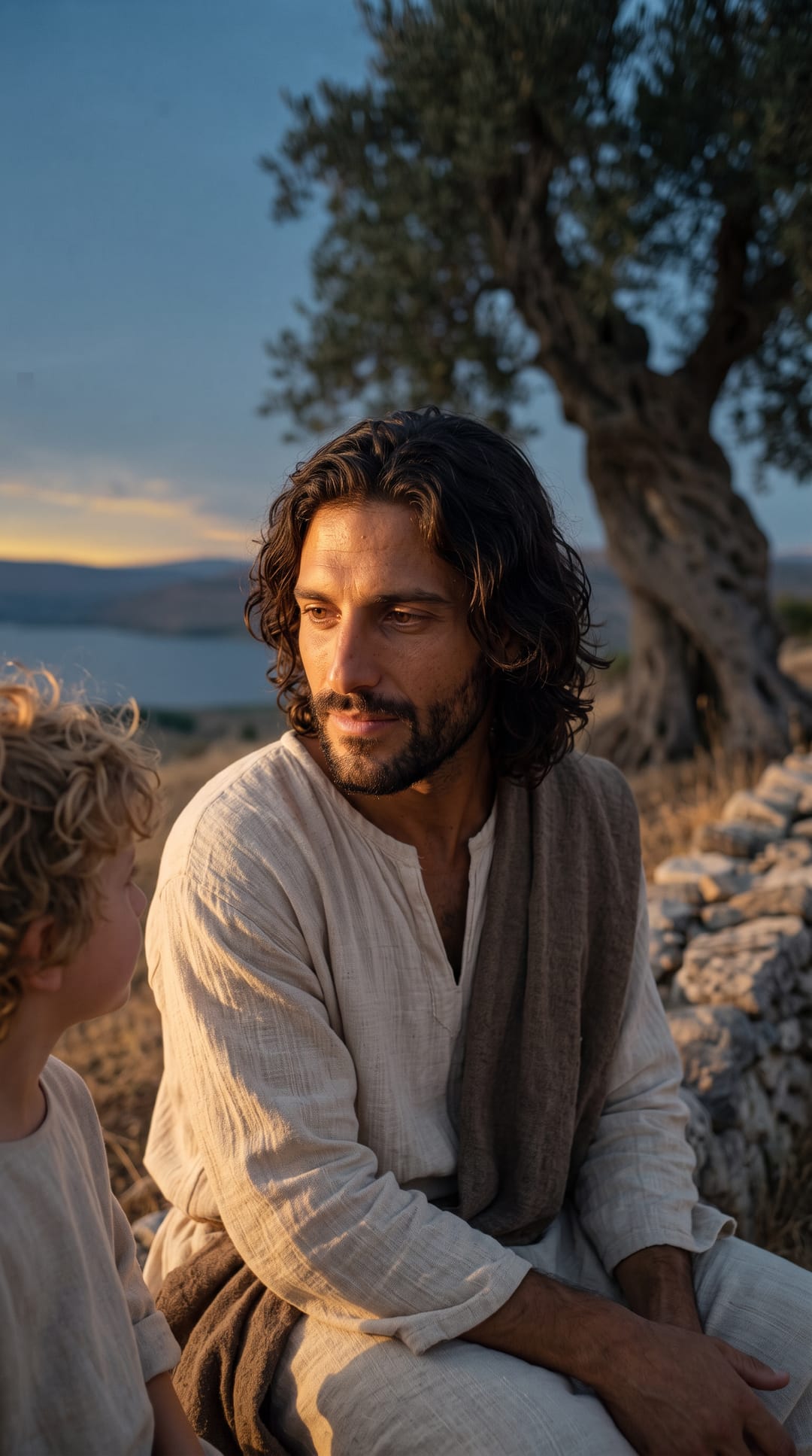 Jesus smiles and turns toward the boy beside him, the lake below in the last light.