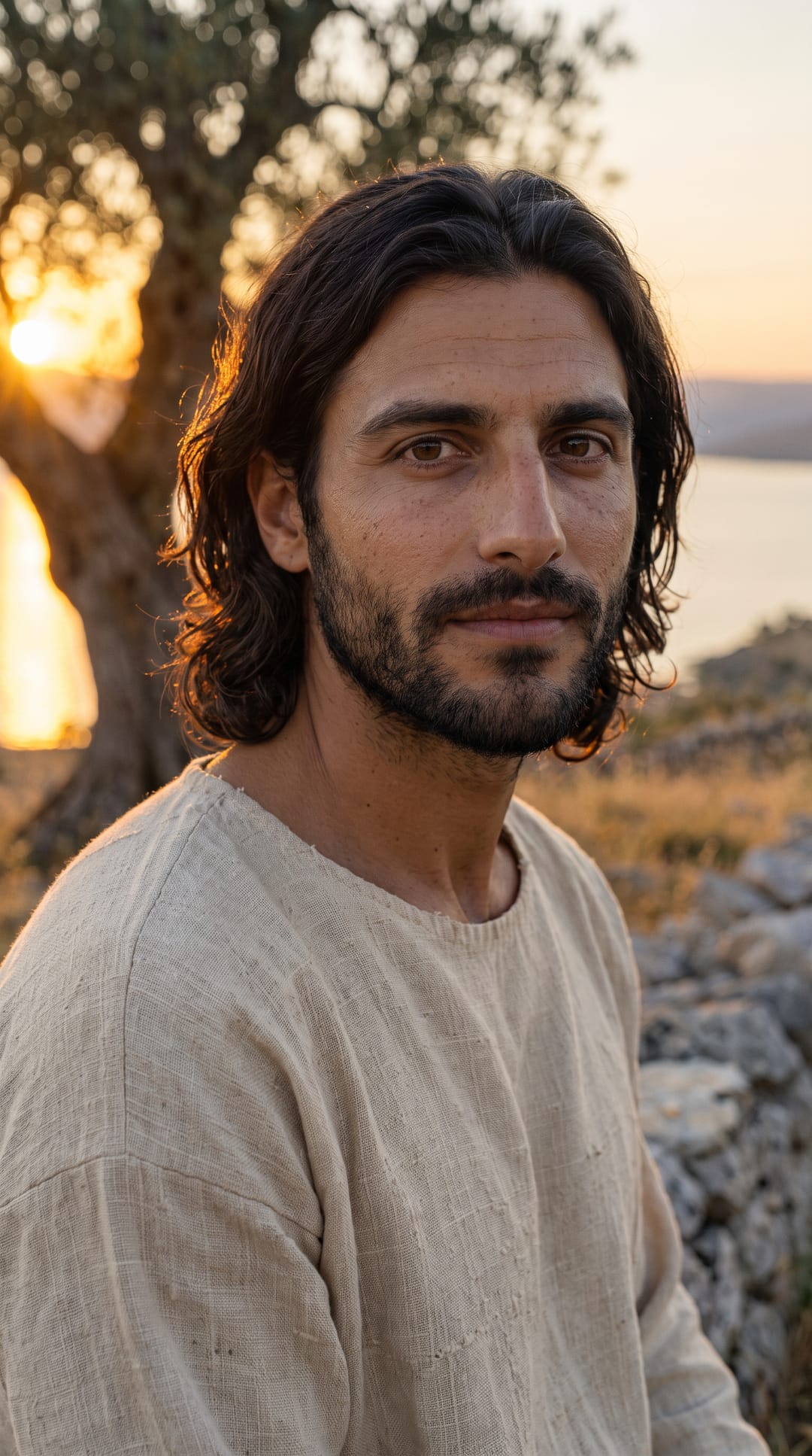 Jesus looks into the camera at golden hour, the olive tree behind him and the lake beyond.
