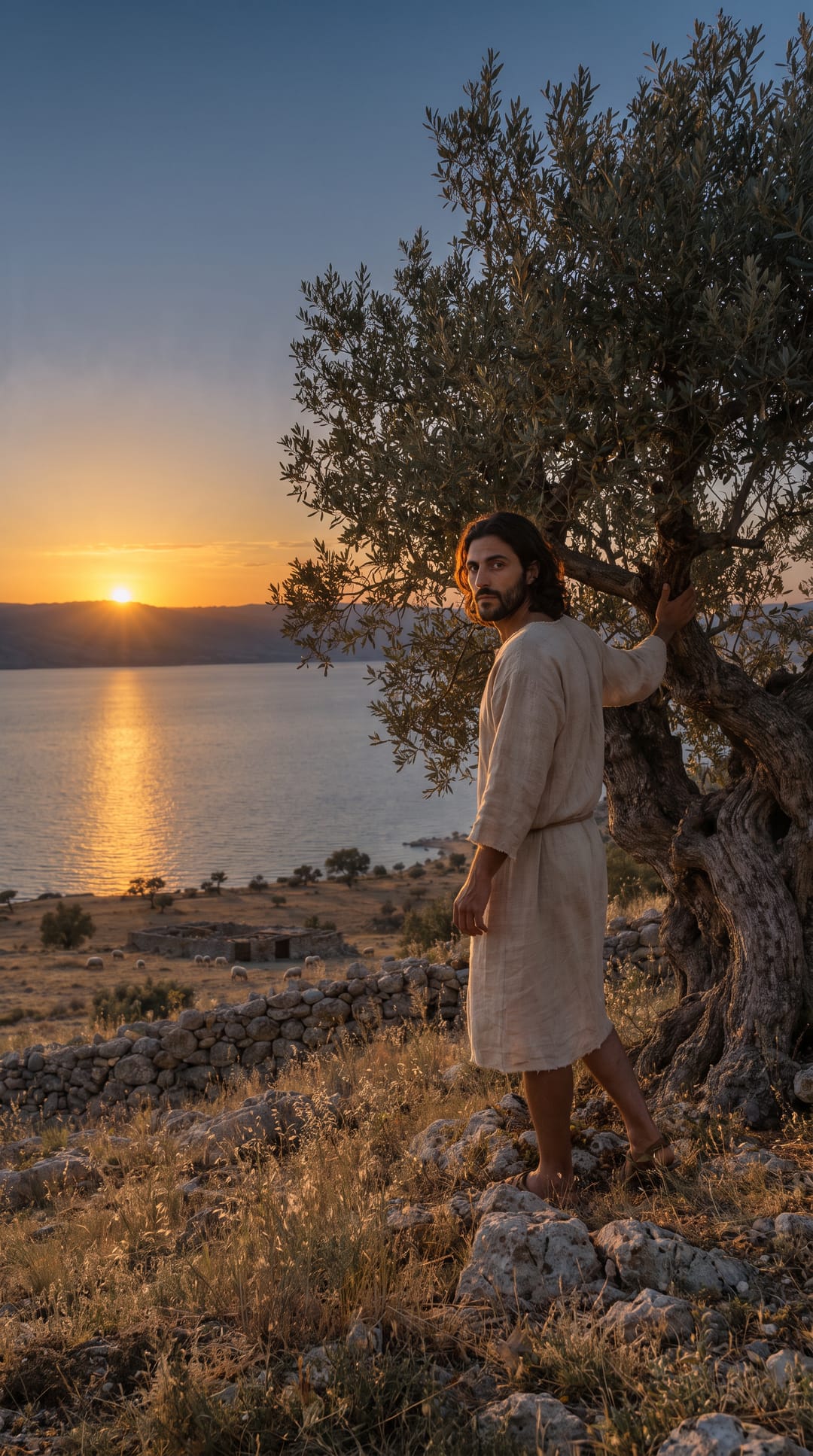 Jesus stands beside the olive tree at sundown, looking back over his shoulder toward you.