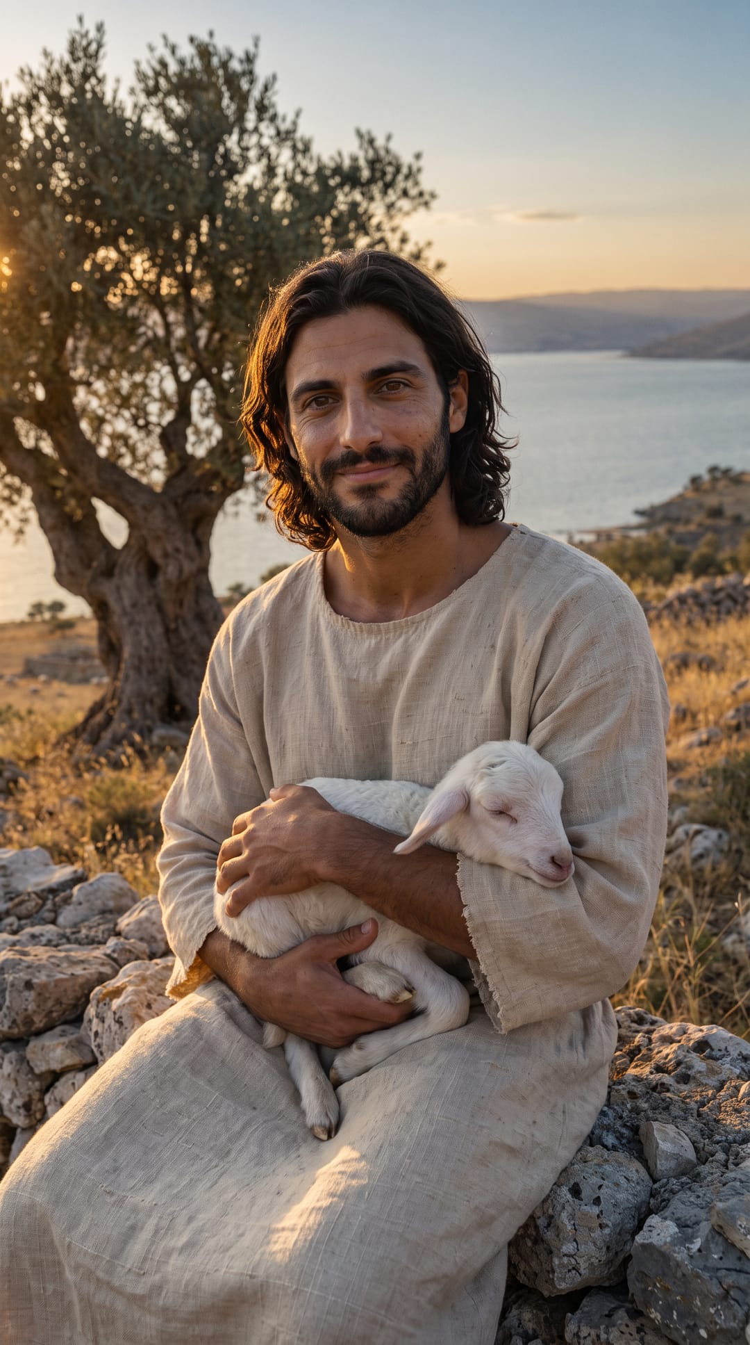 Jesus sits on the stone wall cradling a newborn white lamb, looking up toward you with a quiet smile.
