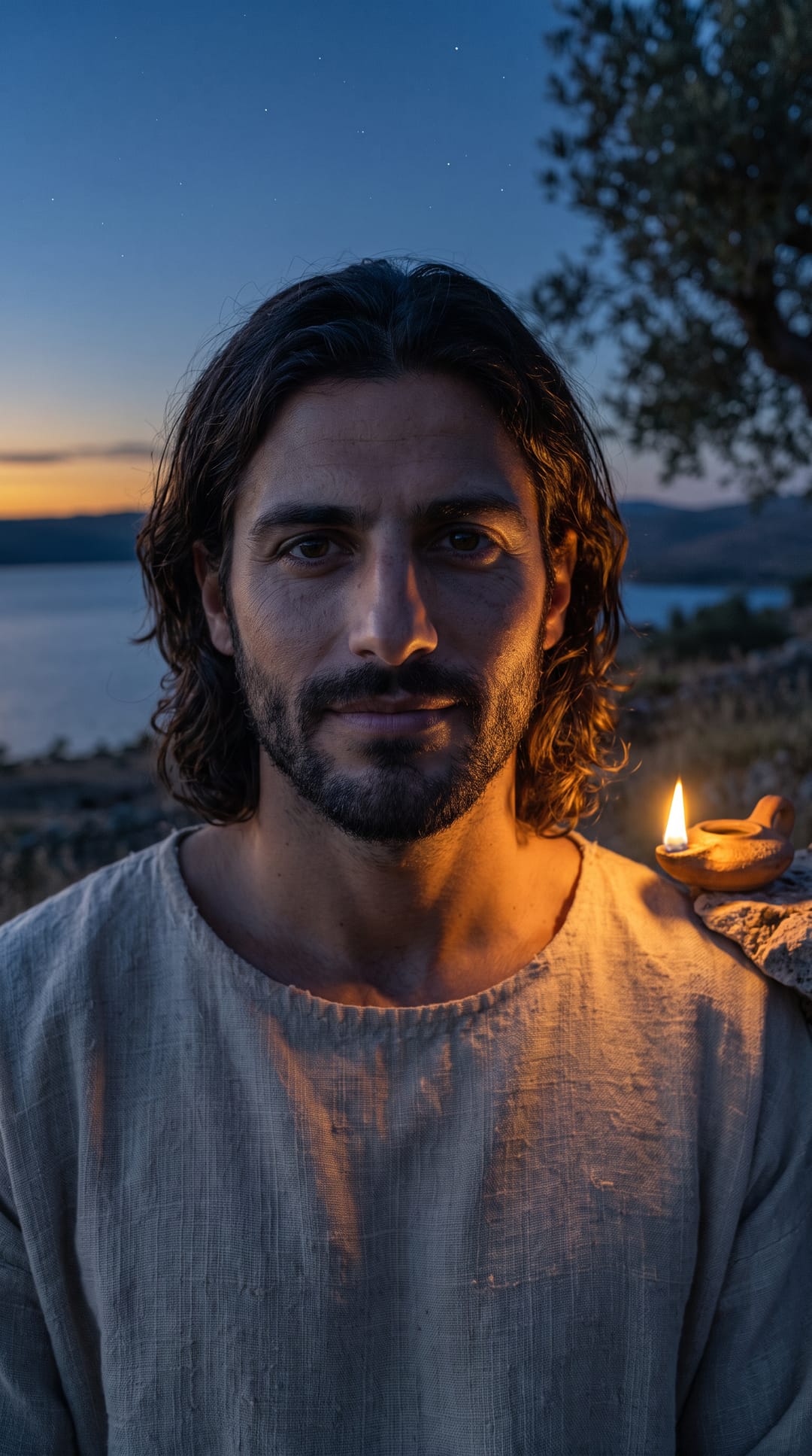 Jesus sits on the stone wall in the blue hour, a small oil lamp lit beside him, looking toward you.