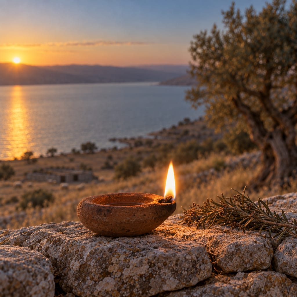 A small clay oil lamp burning on the stone wall at dusk, a sprig of rosemary beside it.