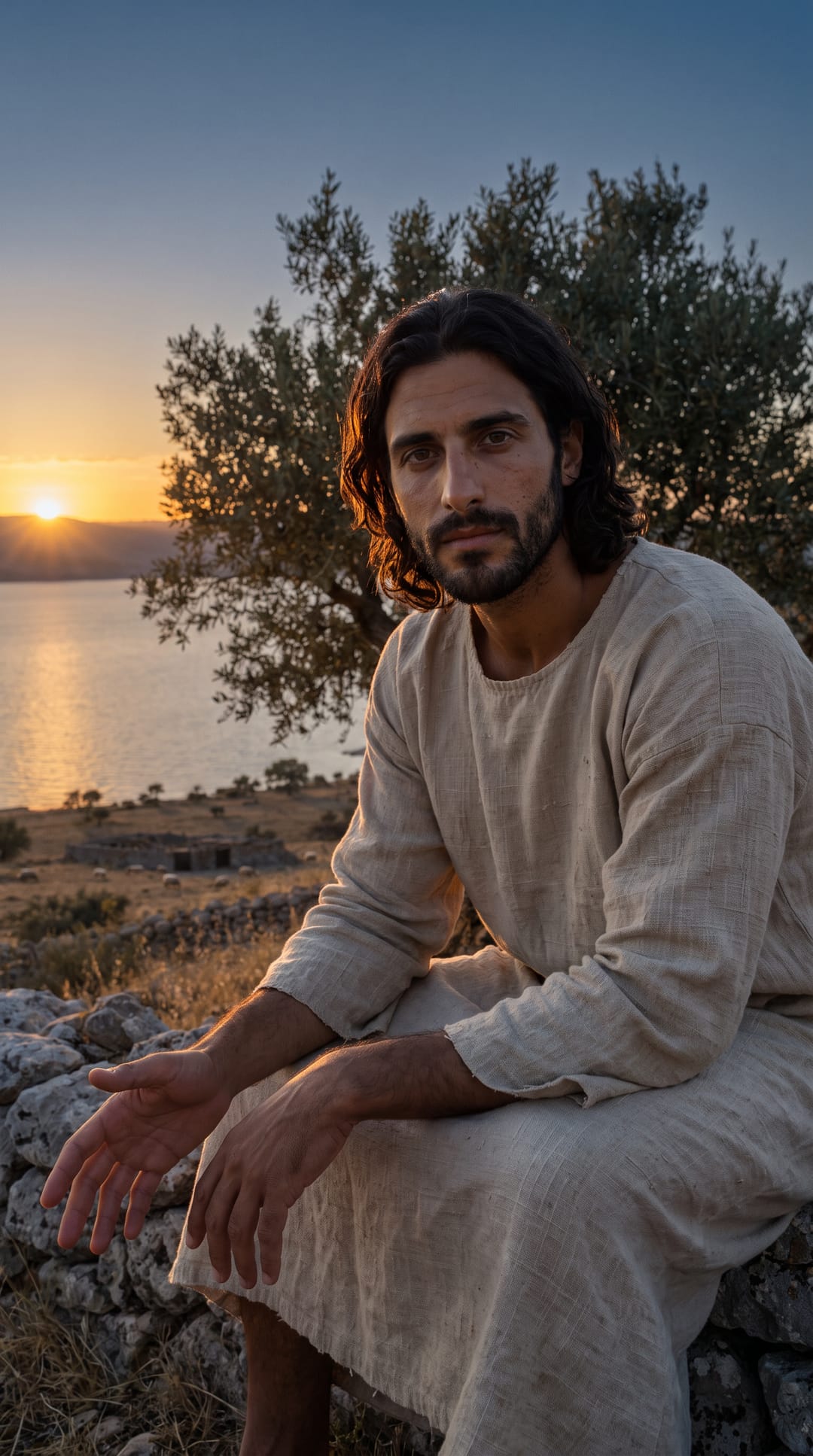 Jesus sits on the wall with his hands open, looking toward you as the sun sets on the lake.