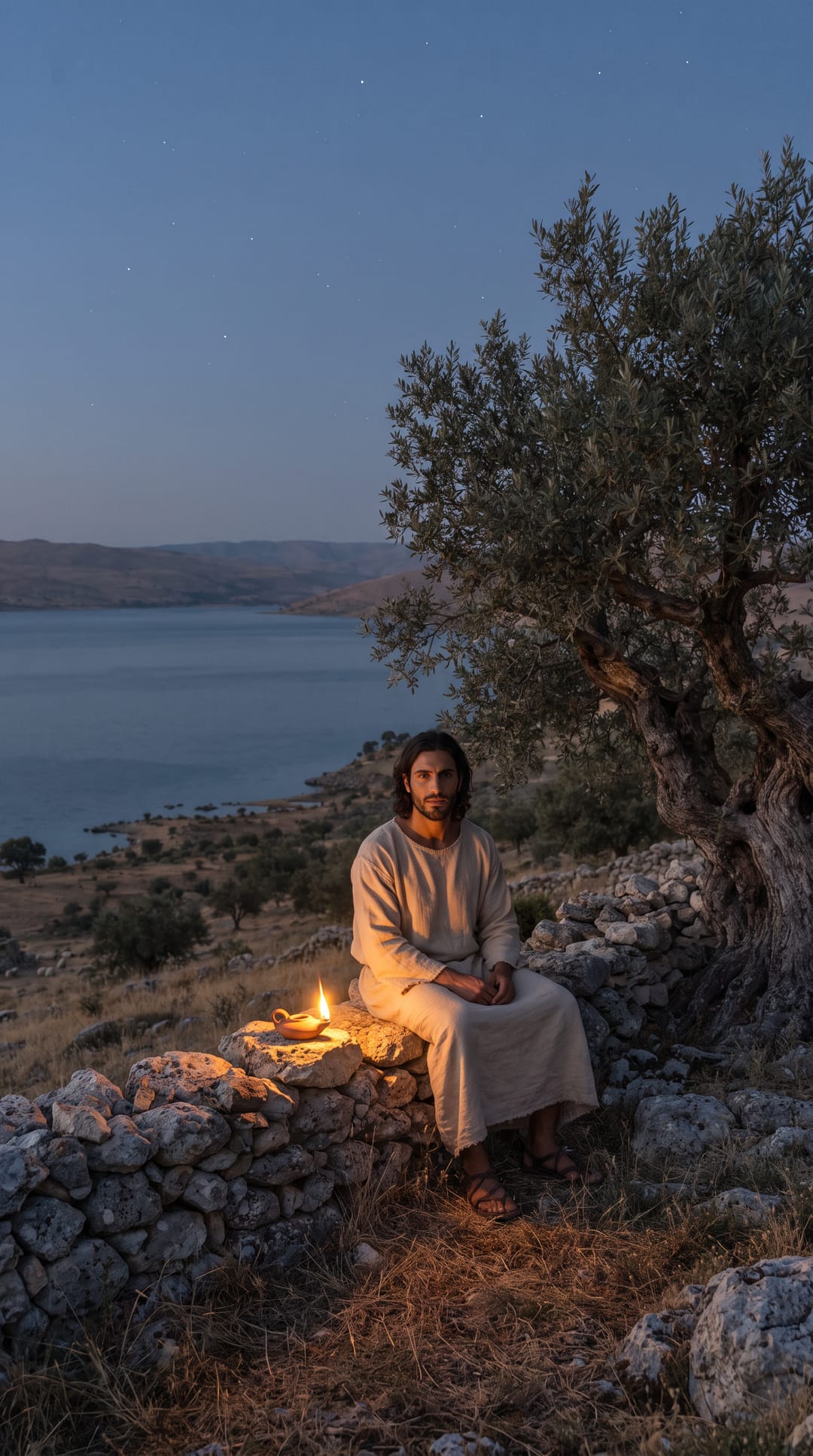 The hillside after sunset, the first stars over the lake, Jesus seated by a small burning lamp.
