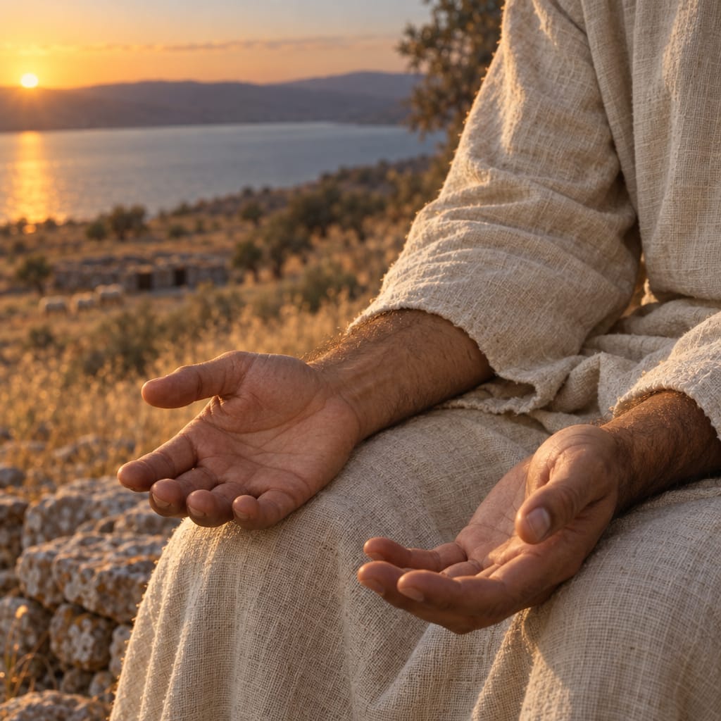 Jesus's open hands resting on his knees in the last light over the lake.