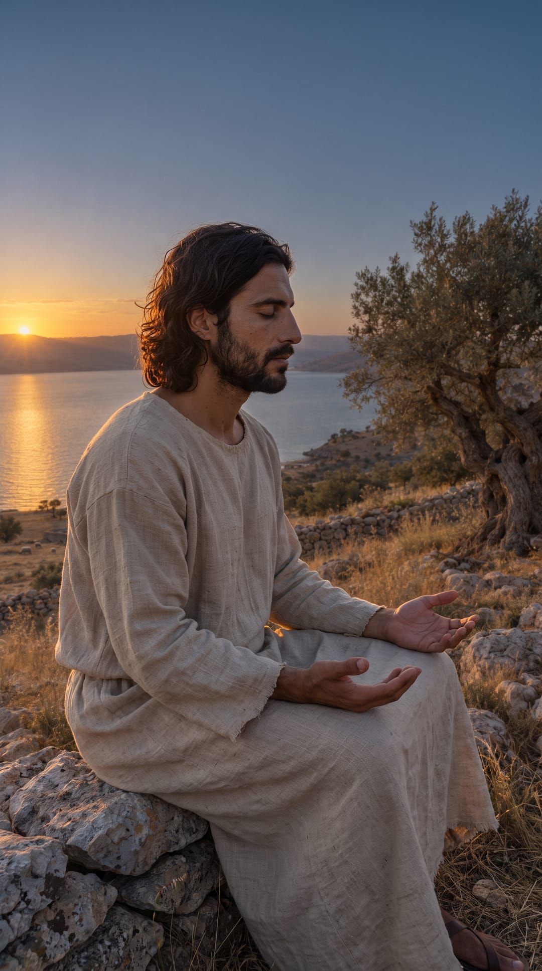 Jesus prays on the hillside at sunset, eyes closed, his open hands resting on his knees.