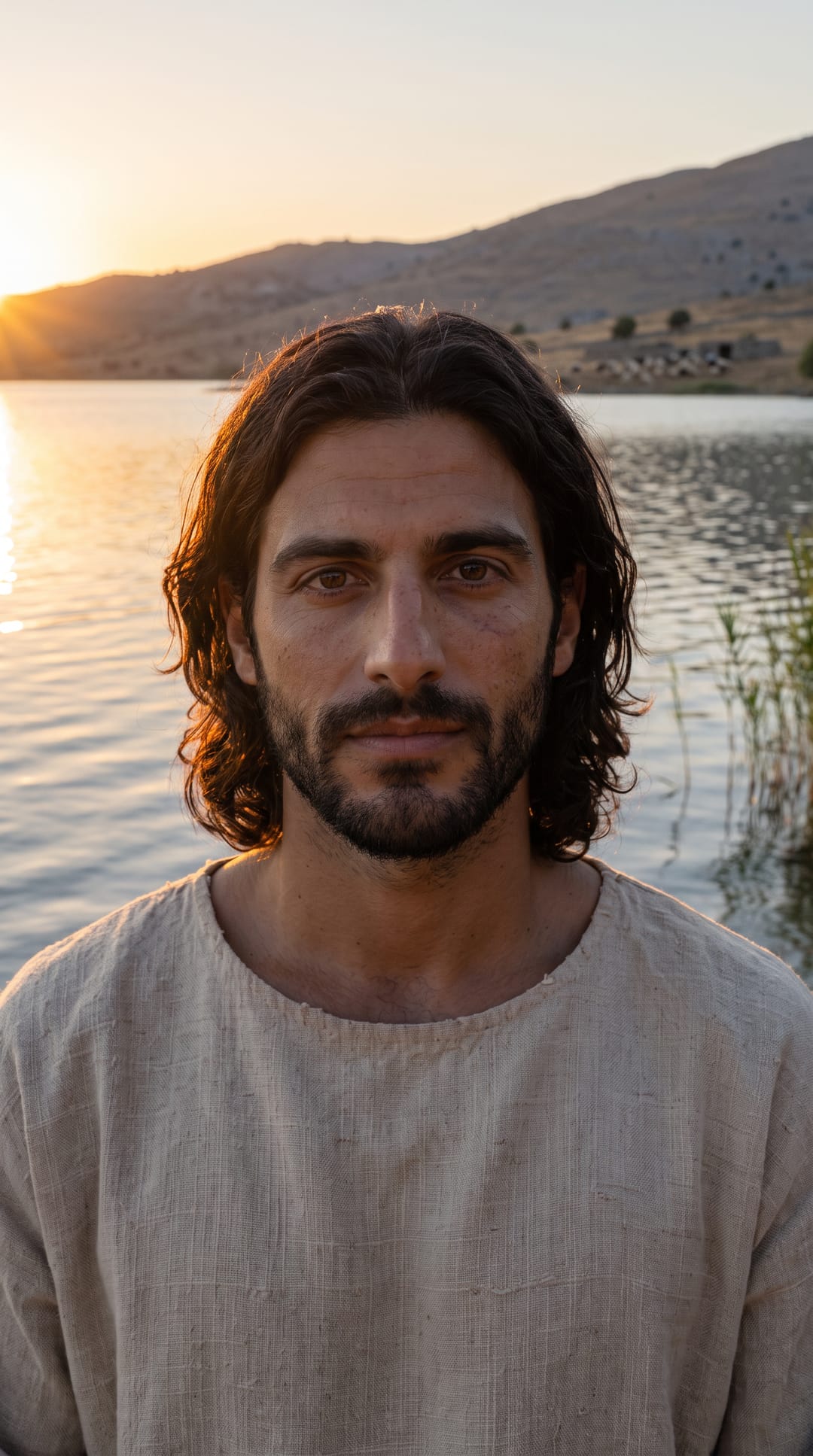 Jesus stands at the edge of the lake in the last low sun, looking toward you.