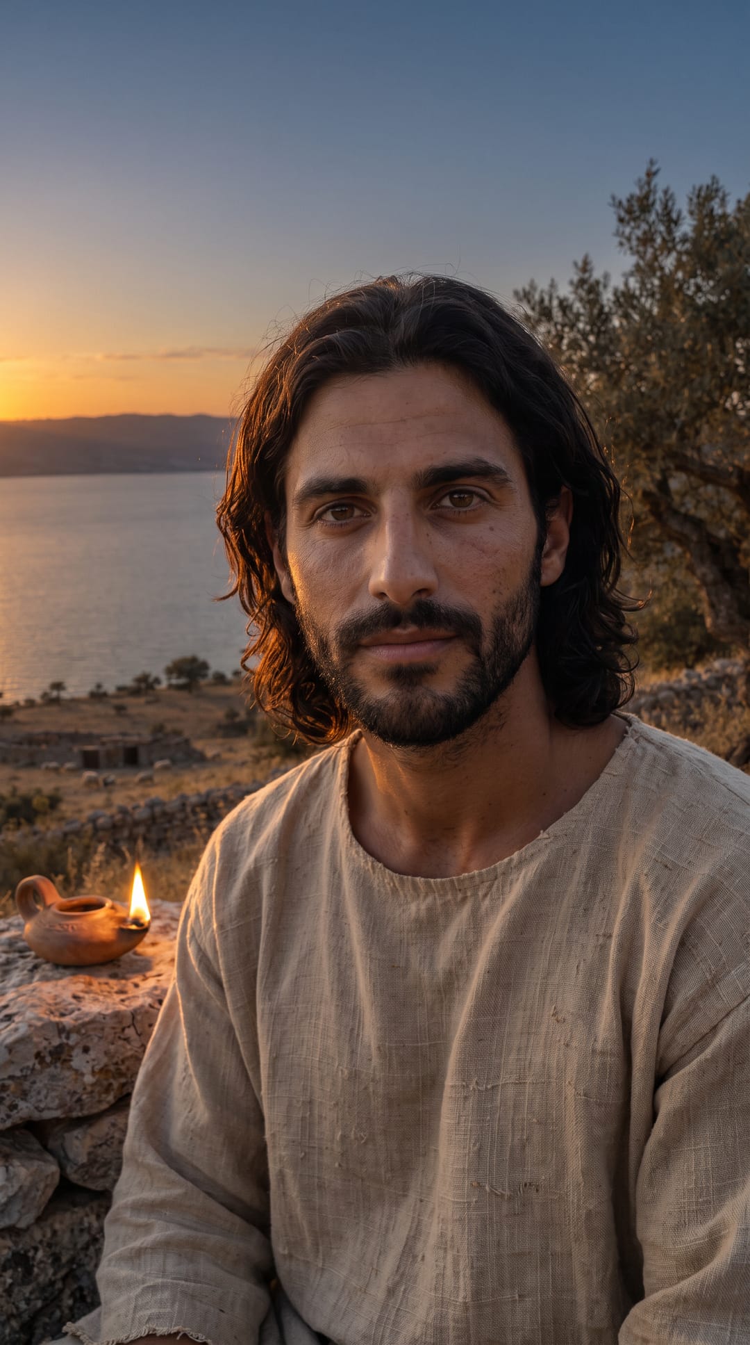 Jesus looks toward you with compassion just after sunset, a small oil lamp burning beside him.