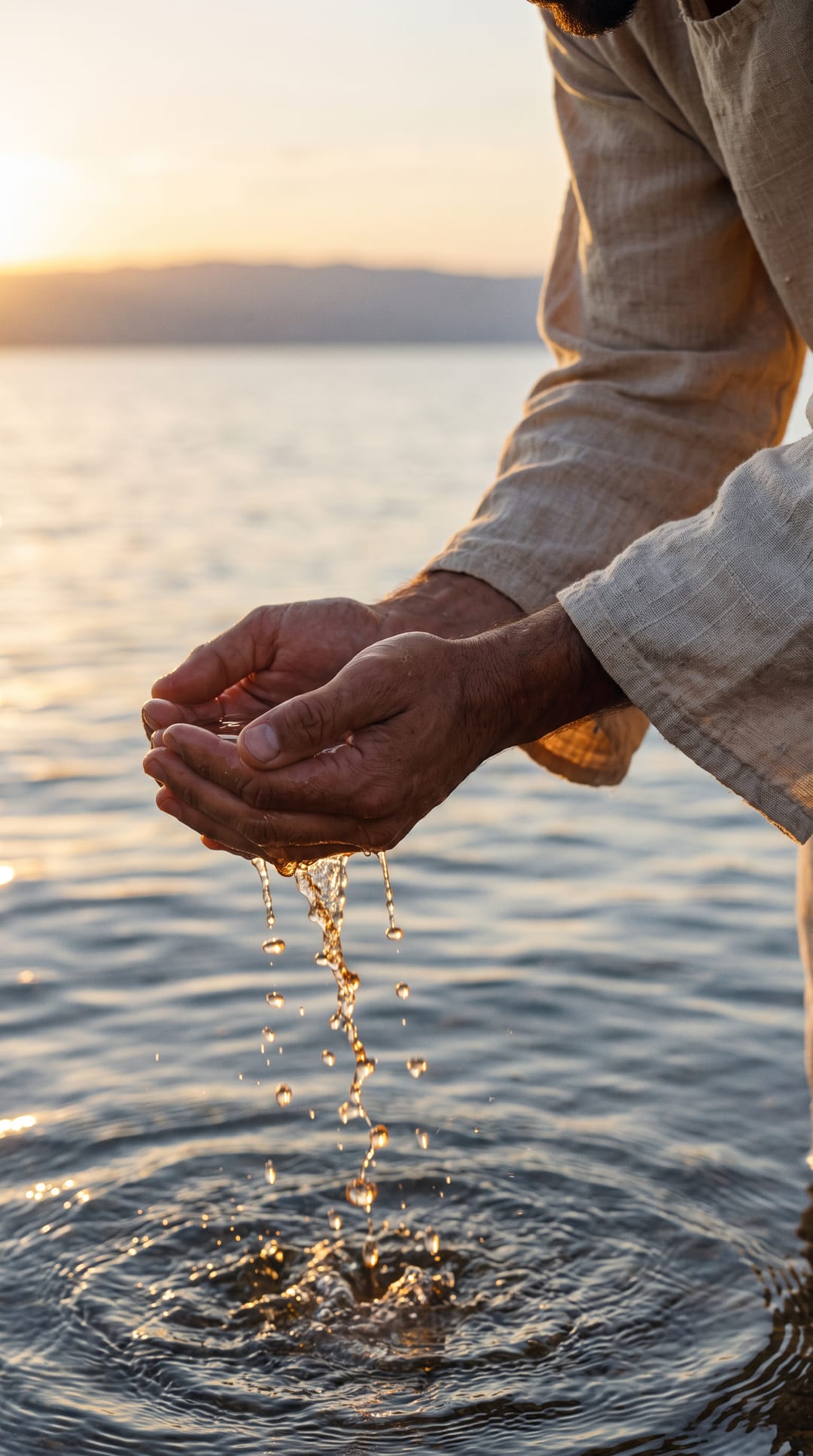 Two cupped hands lift clear water from the lake, drops falling gold in the low sun.