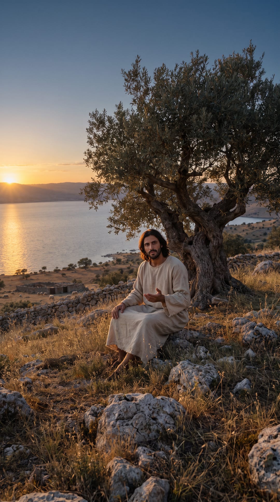 Jesus sits under the olive tree on the hillside at sunset, speaking toward you, the lake below.